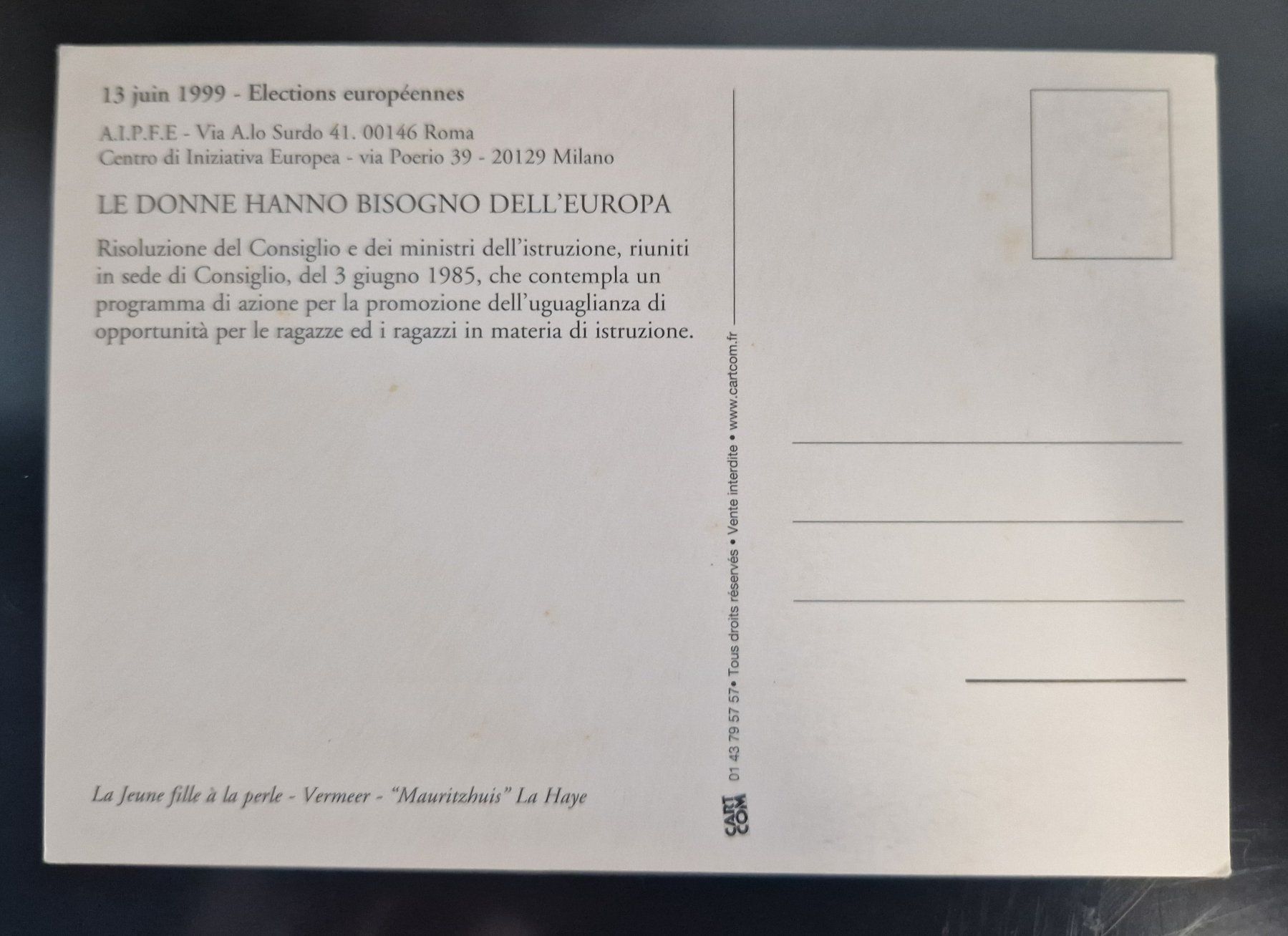 Cartoline postali: Kunstkarte "Das Mädchen mit dem Perlenohrring" 1999 – Nuovo (secondo la descrizione) da Melchnau venduto da Arthurius 1