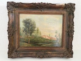 Altes Ölgemälde auf Holz, gerahmt, unsigniert, Vintage.