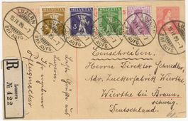 Fünffarbenfrankatur auf Chargé-Postkarte von LUZERN nach DE
