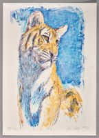 Tiger auf Blau, Lithografie von Fritz Hug, handsigniert