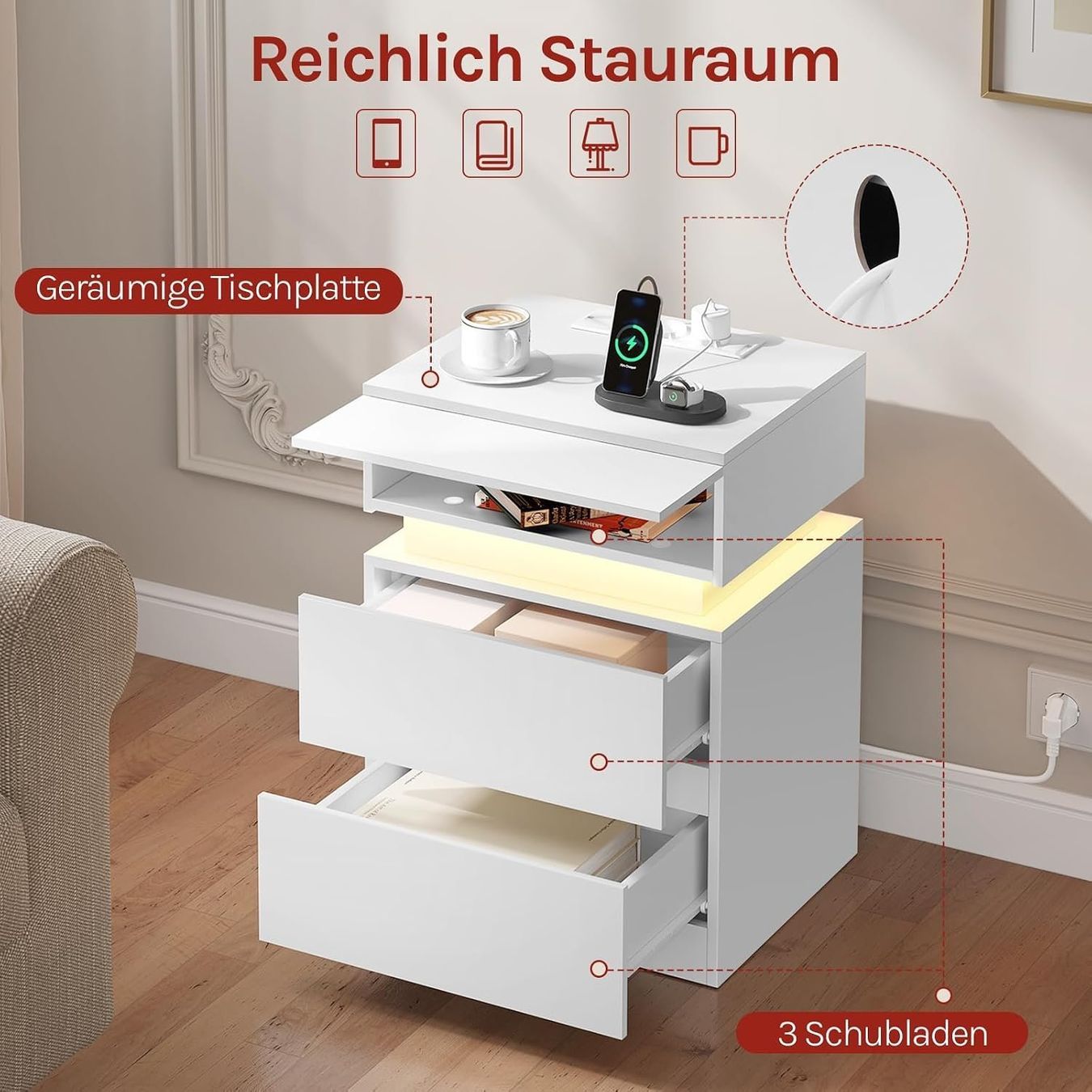 Nachttische: Nachttisch 2er-Set mit Steckdose und LED-Licht Weiss – Neu und originalverpackt aus Schaffhausen von Gipfelgut 5