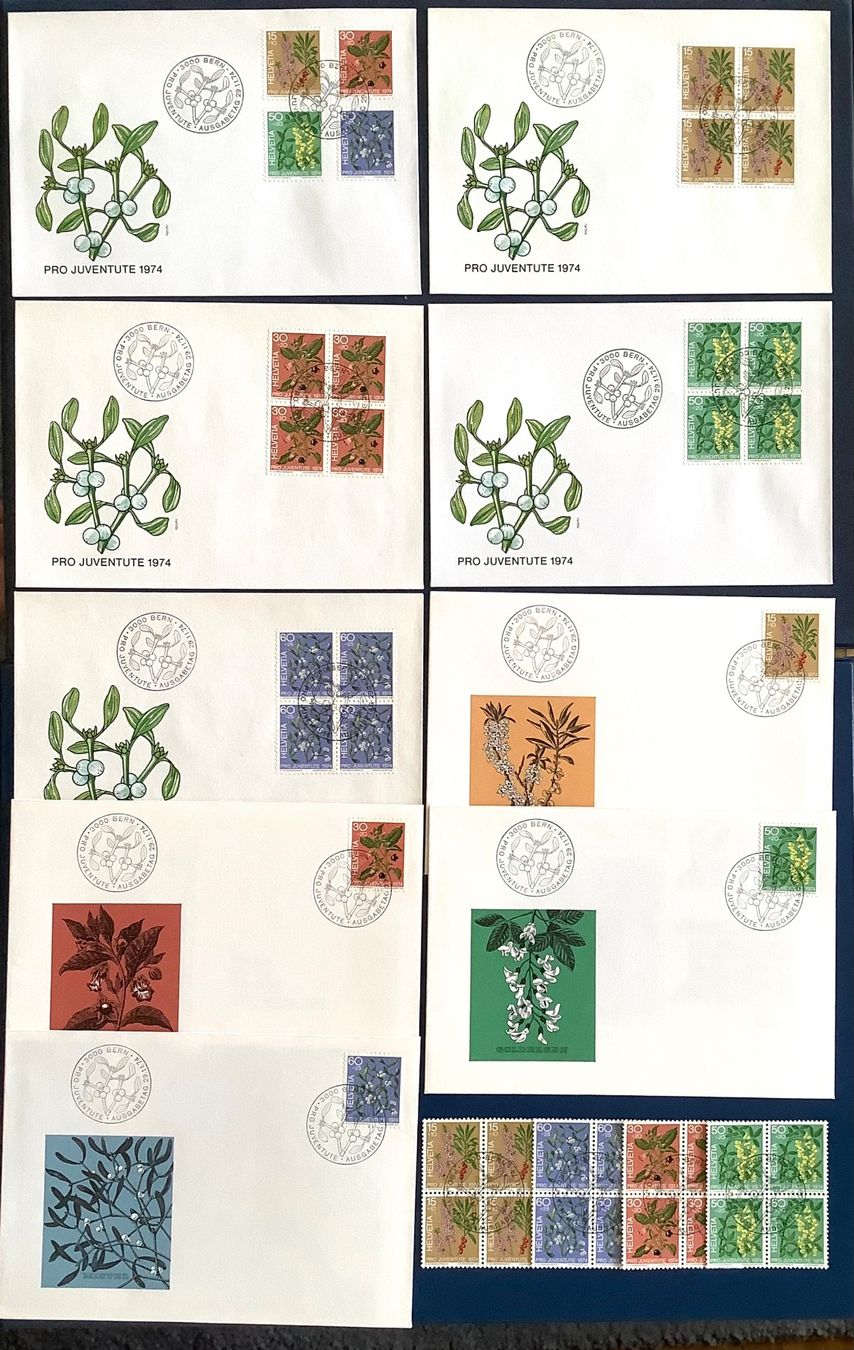 Alle Briefmarken: 1974 Pro Juventute Vogel FDC 4er + FDC  Einzel +  4er ET – Neu (gemäss Beschreibung) aus Liestal von Skunk02