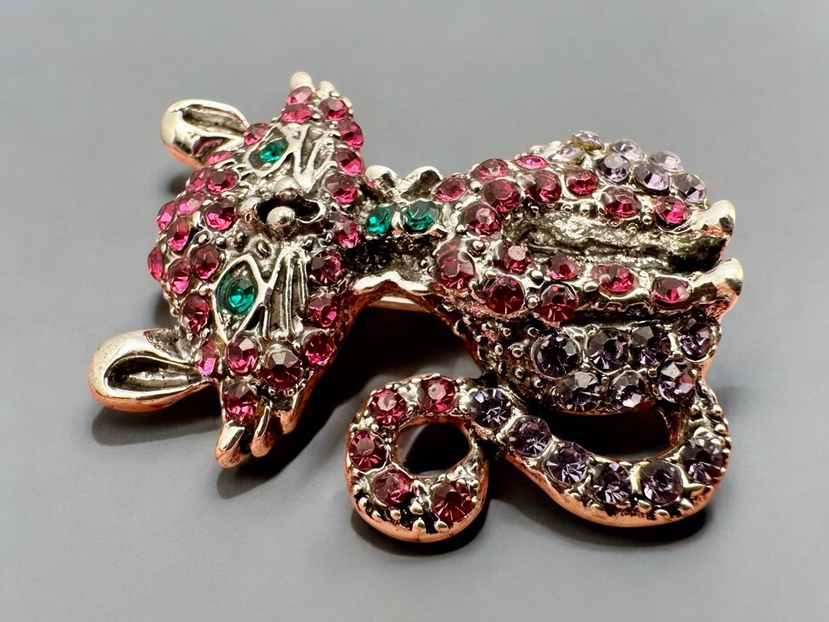 Spille & Fermagli: Grün rosa Strass Katze Brosche – Usato da Lamone venduto da LaCantinaMagica 2
