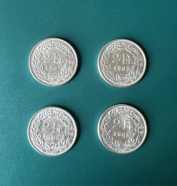 Alle Münzen: 2 Franken Silber 4 stuck 1965 – Gebraucht aus Vernier von AES022