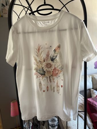 T-shirt blanc femme JINQILU taille S motif fleurs plume rose