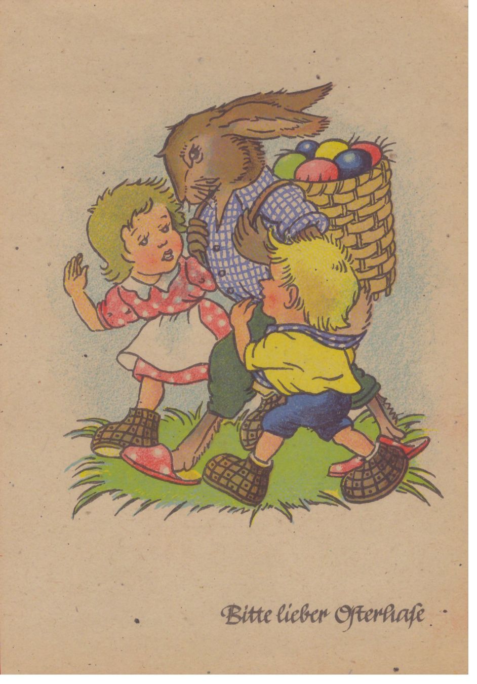 Ansichtskarten: BITTE LIEBER OSTERHASE UNTERWEGS MIT KORB UND GEFÄRBTE EIER – Gebraucht aus Montebelluna / TV von Album2do