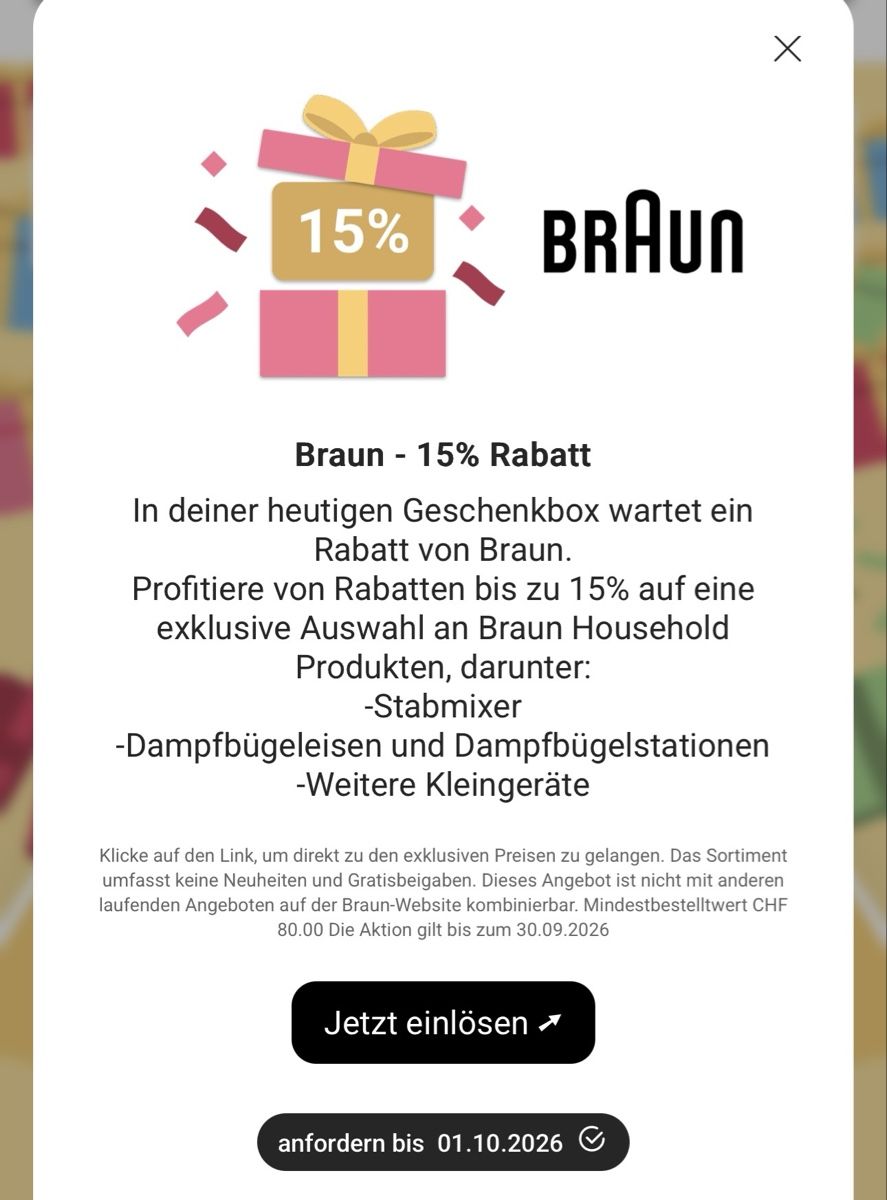 Gutscheine: Braun Rabattcode 15 %  – Neu und originalverpackt aus Zürich von MaxZurich