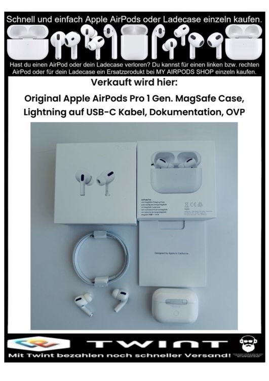 Apple Kopfhörer: Original Apple AirPods Pro 1 Gen. MagSafe Lightning C Kabel – Gebraucht aus Basel von MY.AIRPODS.SHOP