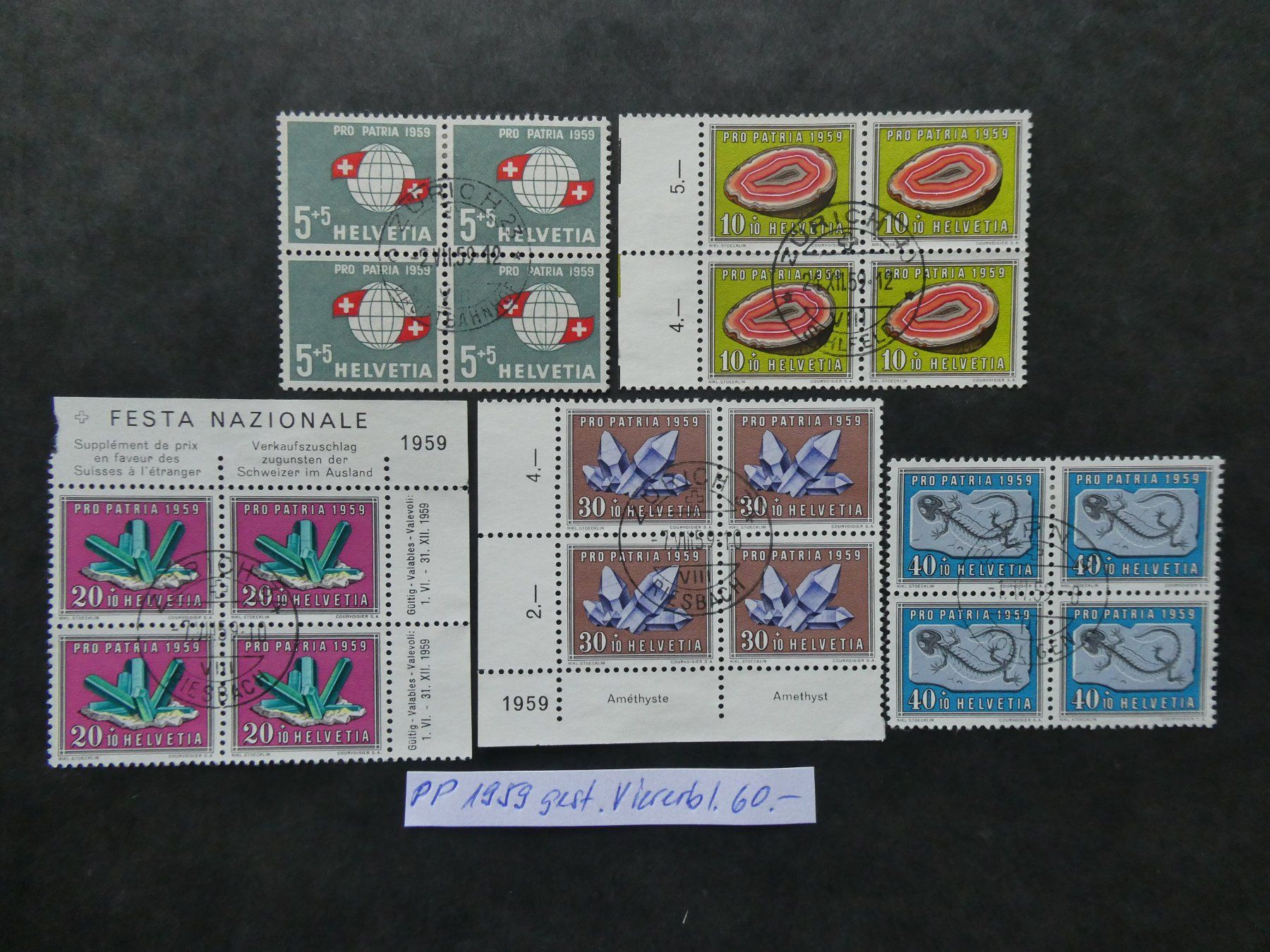 Alle Briefmarken: Pro Patria 1959 gestempelte Viererblöcke – Gebraucht aus Lausen von Herbamare01