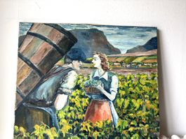 Fascinierte   Winzer Weinernte mit  Junge Paar Oel Alte Bild