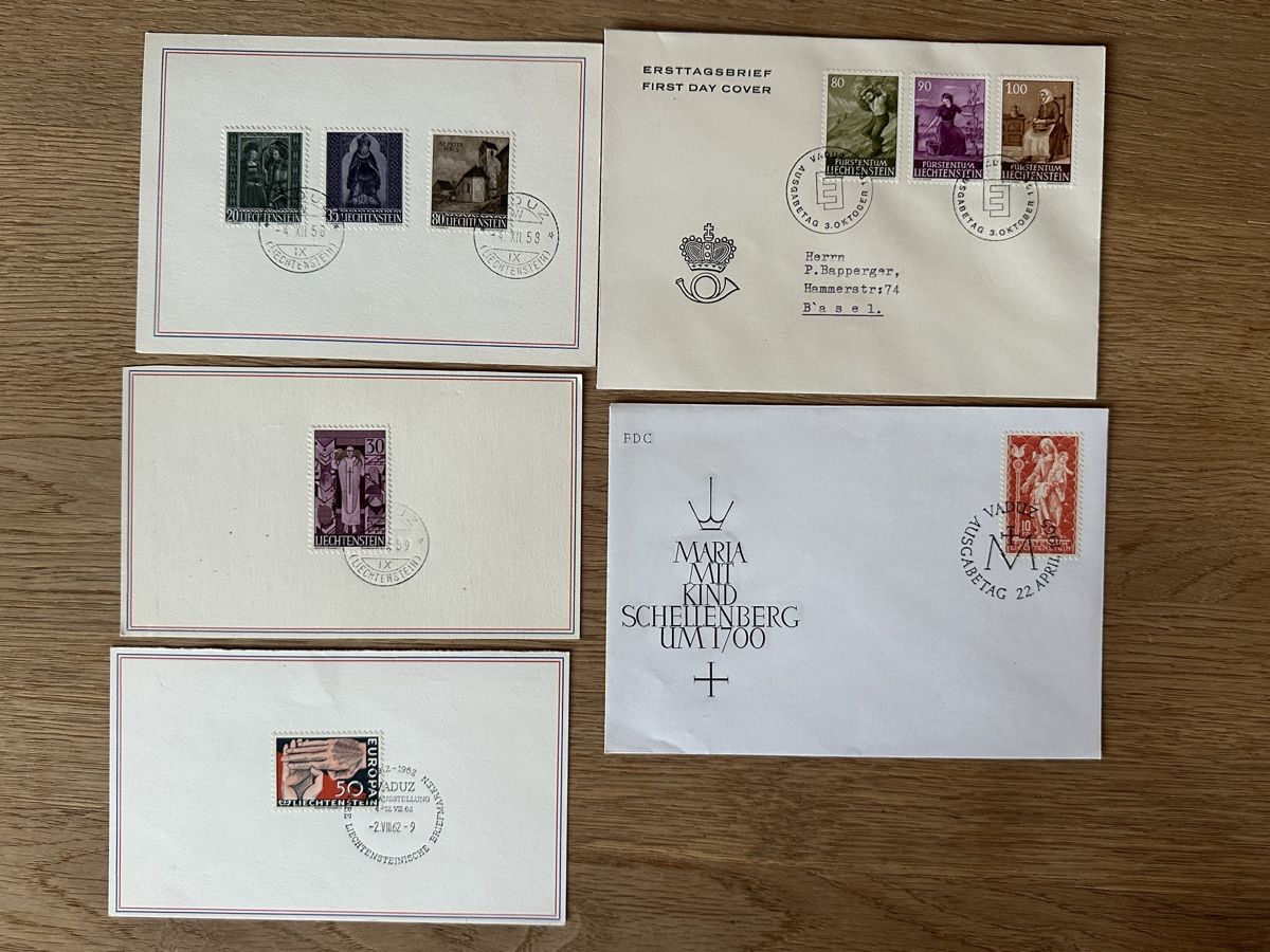 Tutti i francobolli: Liechtenstein - 1958-1965 5x FDC hoher KW – Usato da Schmitten / FR venduto da Samsara169