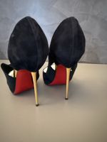 Pumps women black suede size 36.5 heel gold metal