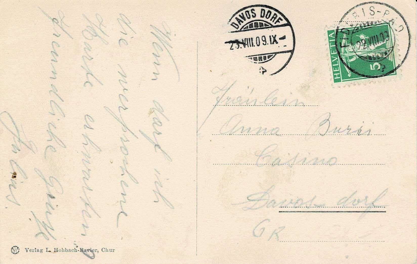 Ansichtskarten: BAD FIDERIS GR gel. 1908! – Gebraucht aus Hergiswil NW von Kartenfrau 1