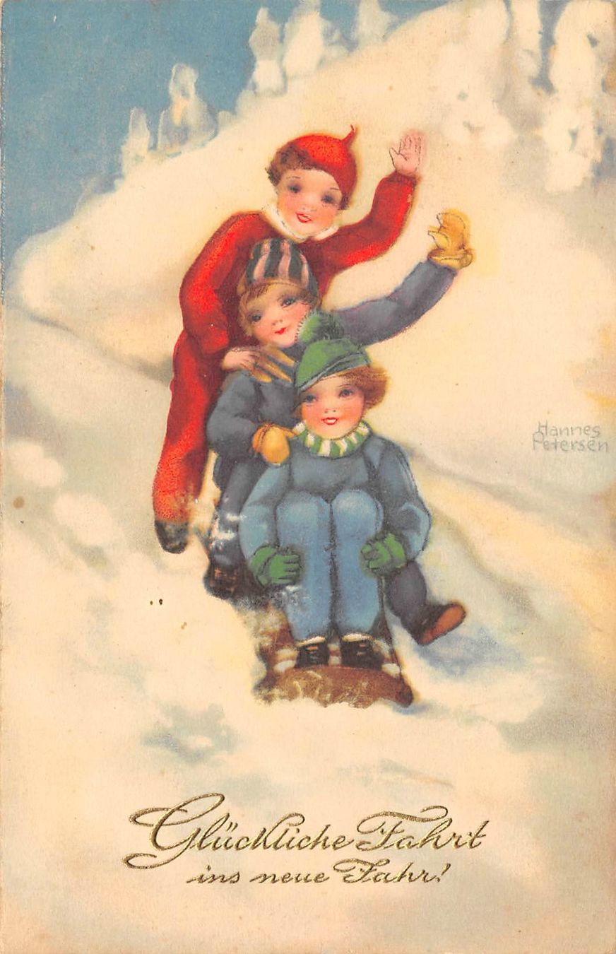 Cartoline postali: Neujahr, Kinder auf Schlitten – Usato da Ottikon b.Kemptth. venduto da Neptun1974