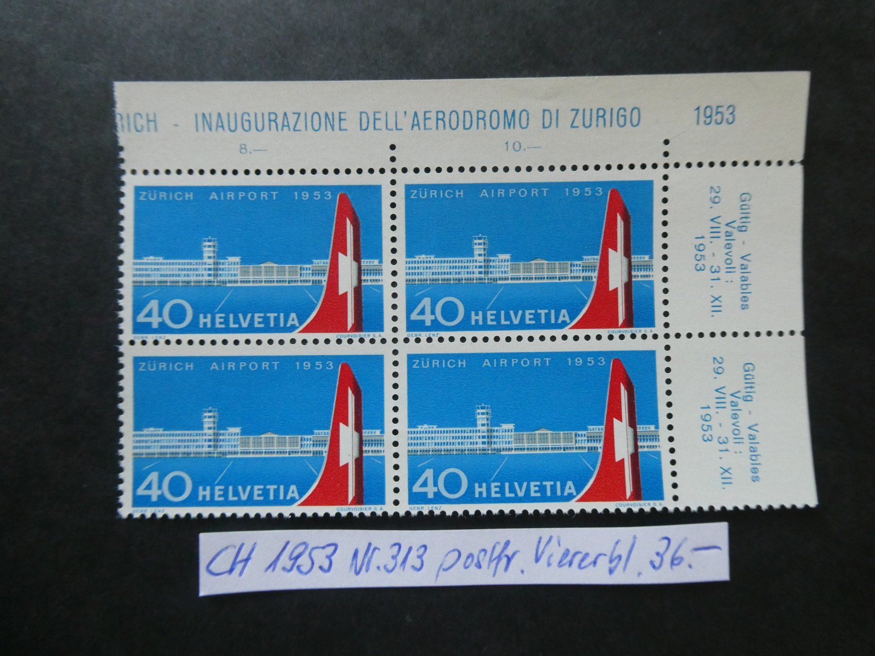 Alle Briefmarken: CH 1953 Nr. 313 postfrischer Viererblock Eckrand – Gebraucht aus Lausen von Herbamare01