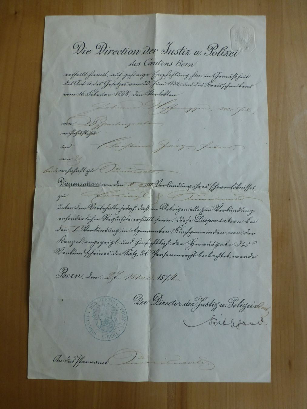 Dokumente: Bern 27.Mai 1874, Verkünddispens – Gebraucht aus Bettlach von 1saurer