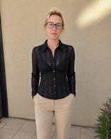 PROMOD | chemise noir chic dentelle ajourée ajusté | M femme