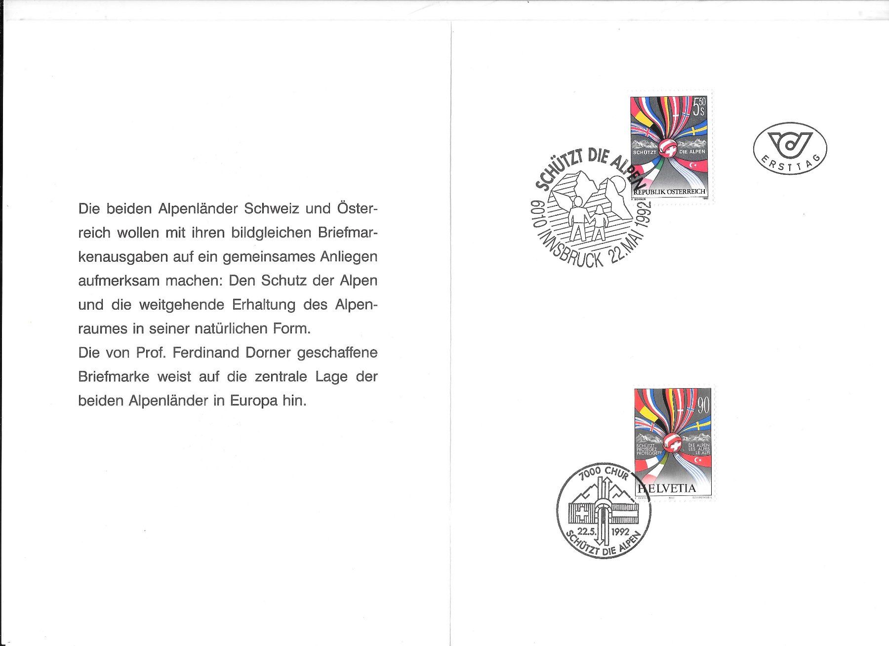 Tous les timbres: Folder Gemeinschaftsausgabe CH - Österreich ET 22.5.1992 – Neuf (Voir description) à Olten par clotaldi 1