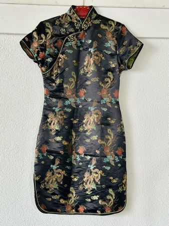 Black Dragon Print Cheongsam Dress, Size S/M