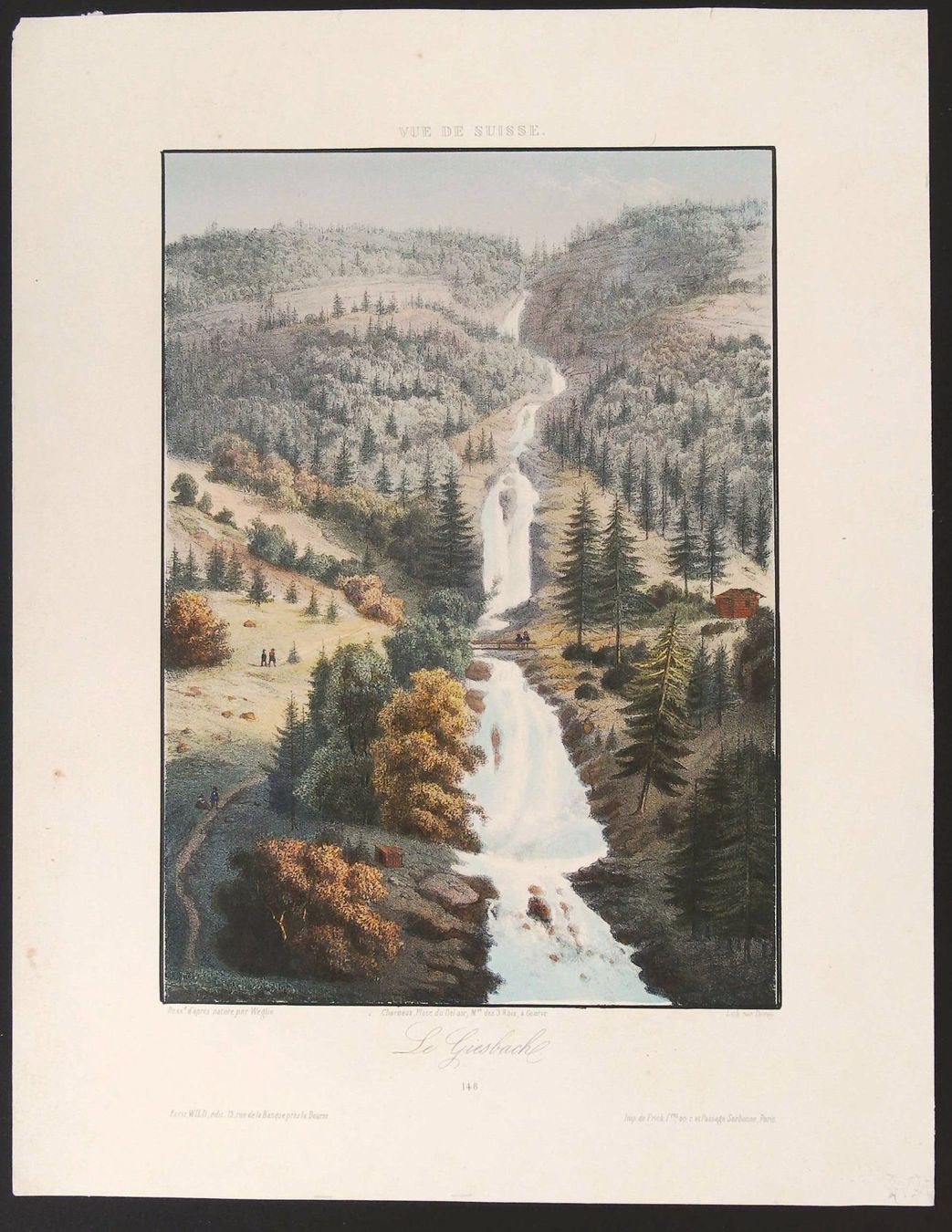 Incisioni: Giessbach altkolorierte Lithographie von Deroy – Usato da Rafz venduto da Helvet32