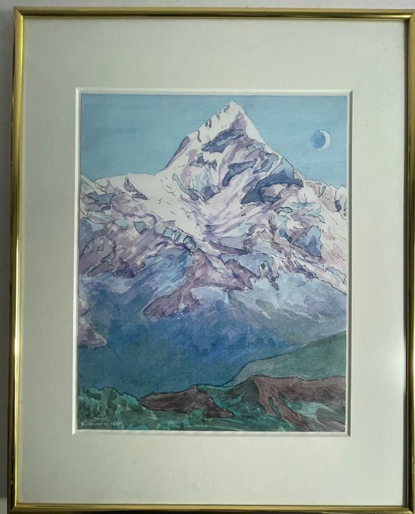 E.BRUERER AQUARELL BERGMASSIV MIT ALURAHMEN GRÖSSE 50X40CM 5