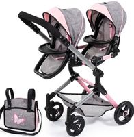 Bayer Puppen-Zwillingsbuggy Twin Neo grau/rosa mit Wickeltas
