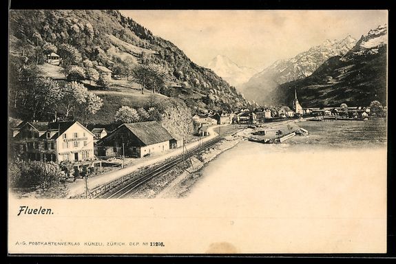 Cartoline postali: Fluelen, Hotel Flueler Hof mit Bahnschie – Usato da Berlin venduto da bartko-reher