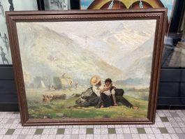Peinture ancienne - Scène champêtre avec personnages 😍