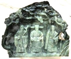 Grosse Jade-Art - Relief Skulptur- 3 Glücksgötter Naturstein