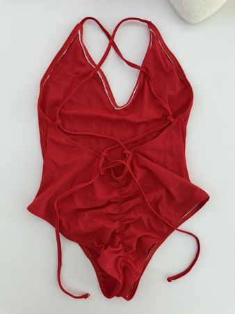 Badeanzug Damen rot mit Schnürung Rücken 
