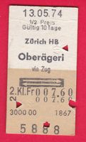 SBB KARTONBILLETT, ZÜRICH HB-OBERÄGERI, HALBTAX, RETOUR,1974