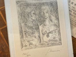 Gravure Gravur ancien couple oiseau signé signiert