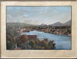 Franz Schmid Vue de Genève aquatinte colorée