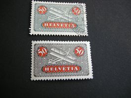 2x Briefmarken Helvetia Flugzeug 50 Rappen, Top Zustand