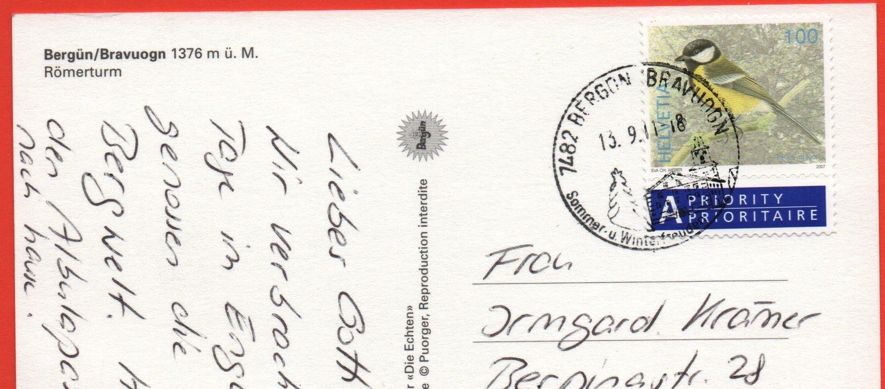 Cartoline postali: BERGÜN BRAVUOGN Römerturm – Usato da Jona venduto da philajona 1