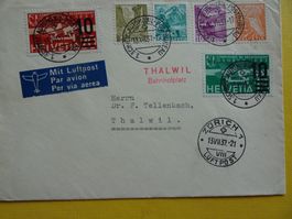 13.VII. 37.,FLUG MIT 4 MARKEN ZUSATZ AUTOMOBILPOST; THALWIL