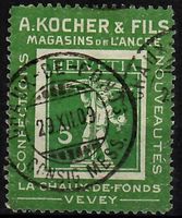 1909, Kocher-Marke Tellknabe Type I grün, 2 c gestempelt