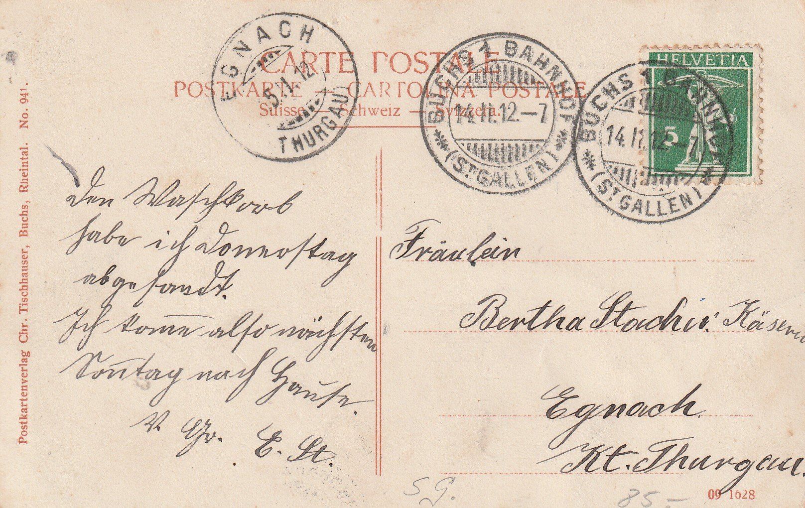 Ansichtskarten: Buchs-Grünaustrasse-1912 – Gebraucht aus uttwil von Koehlerfred 1
