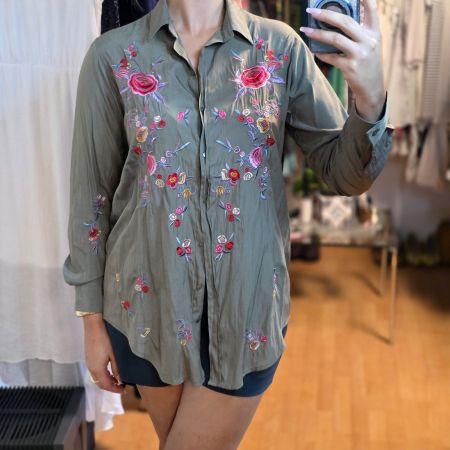 AA&ZZ Bluse Stickerei Blumen Oliv M