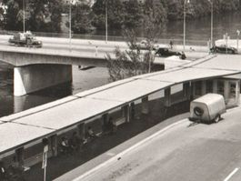 OLTEN: Bushaltestelle, Brücke mit Lkw's - Foto-AK ~1950