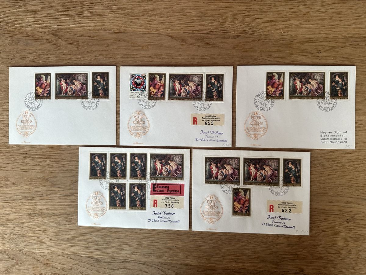 Alle Briefmarken: Liechtenstein - 5x RUBENS FDC 1976 – Gebraucht aus Schmitten / FR von Samsara169