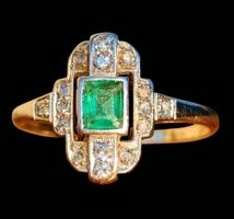 Art Deco Antiker Smaragd Diamant Ring Bicolor 18ct 750