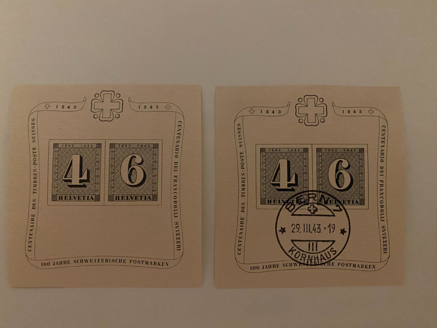 Alle Briefmarken: 2 Stk.Jubiläumsblock 100 jahre Schweizerische postmarken – Gebraucht aus matten b. interlaken von jfran17