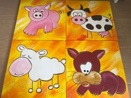 4er Set Tier-Bilder, Kinderzimmer Deko, Bauernhof Tiere