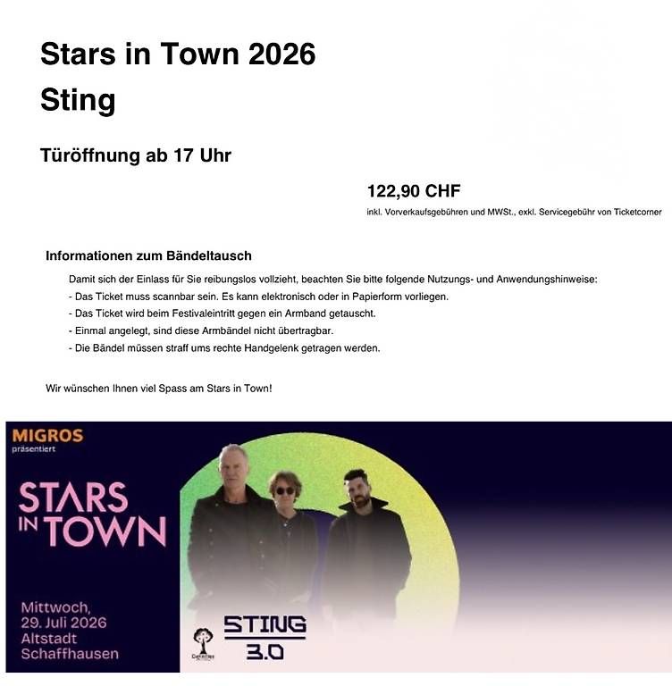 Biglietti: Stars in Town Schaffhausen Sting – Nuovo e nell'imballaggio originale da Rüdlingen venduto da Theflyingcoachman