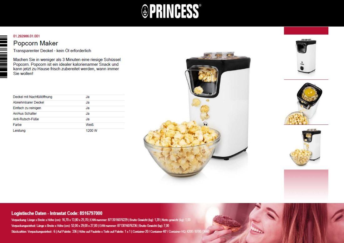 Küchengeräte: Princess Popcornmaschine - 01.292986.01.001 – Neu und originalverpackt aus Opfikon von Trodat5430 1