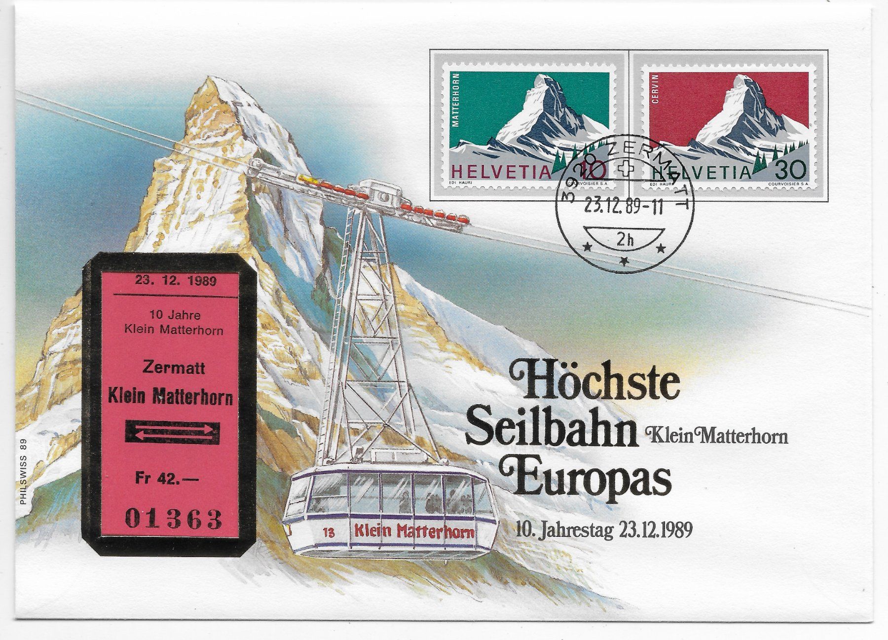 Tutti i francobolli: Brief mit Bahnbillet, Höchste Seilbahn Europas 1989 – Nuovo (secondo la descrizione) da Hefenhofen venduto da Richsalz