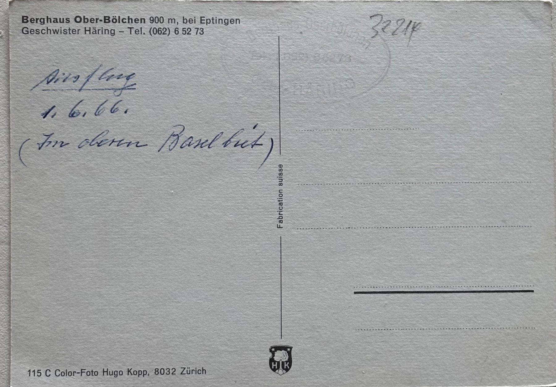 Cartoline postali: Berghaus Ober-Bölchen bei Eptingen, 1966 – Usato da Frauenfeld venduto da Merk52 1