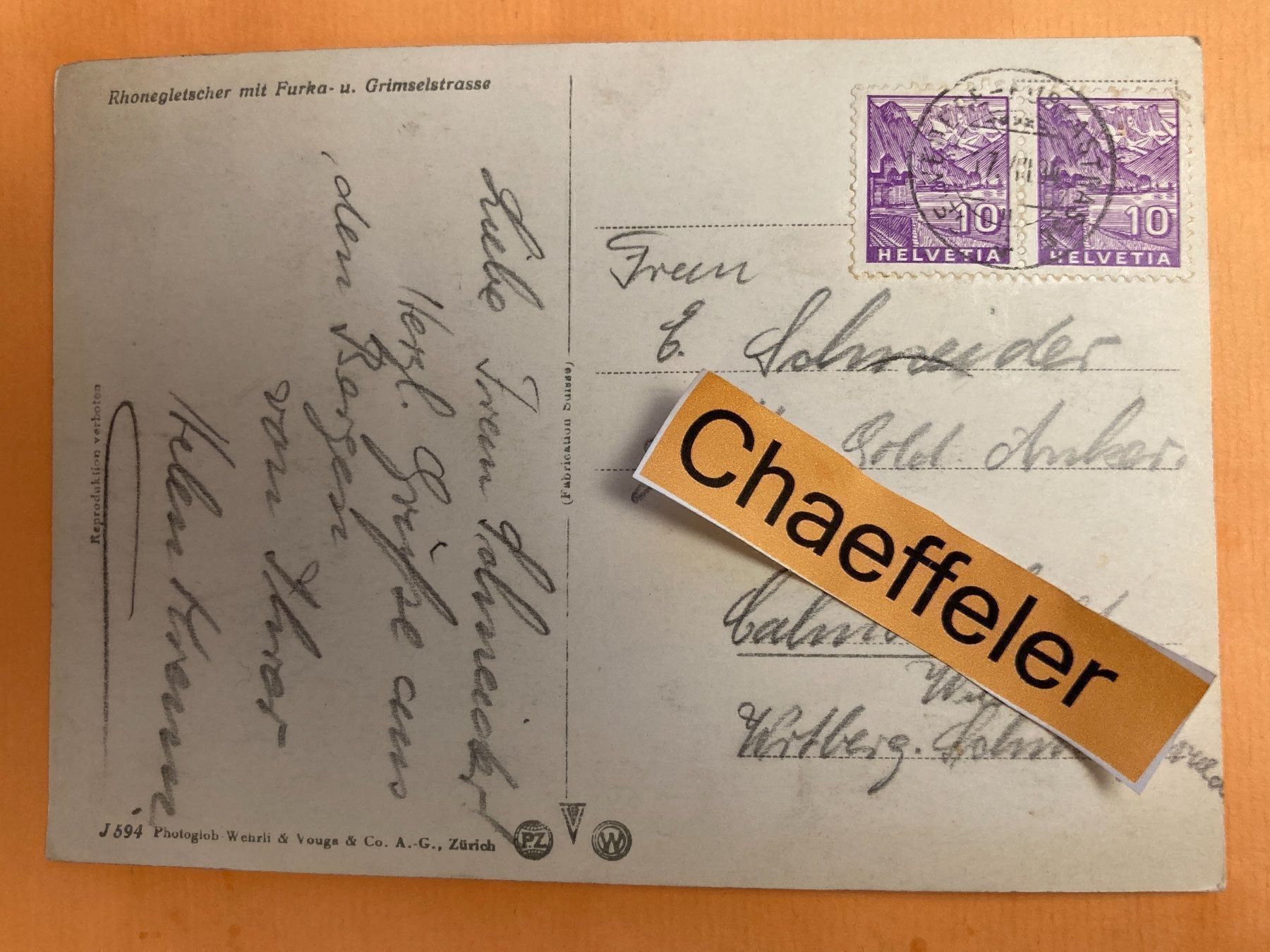 Ansichtskarten: Rhonegletscher mit Furka- u. Grimselstr. – Gebraucht aus Zürich von Chaeffeler 1