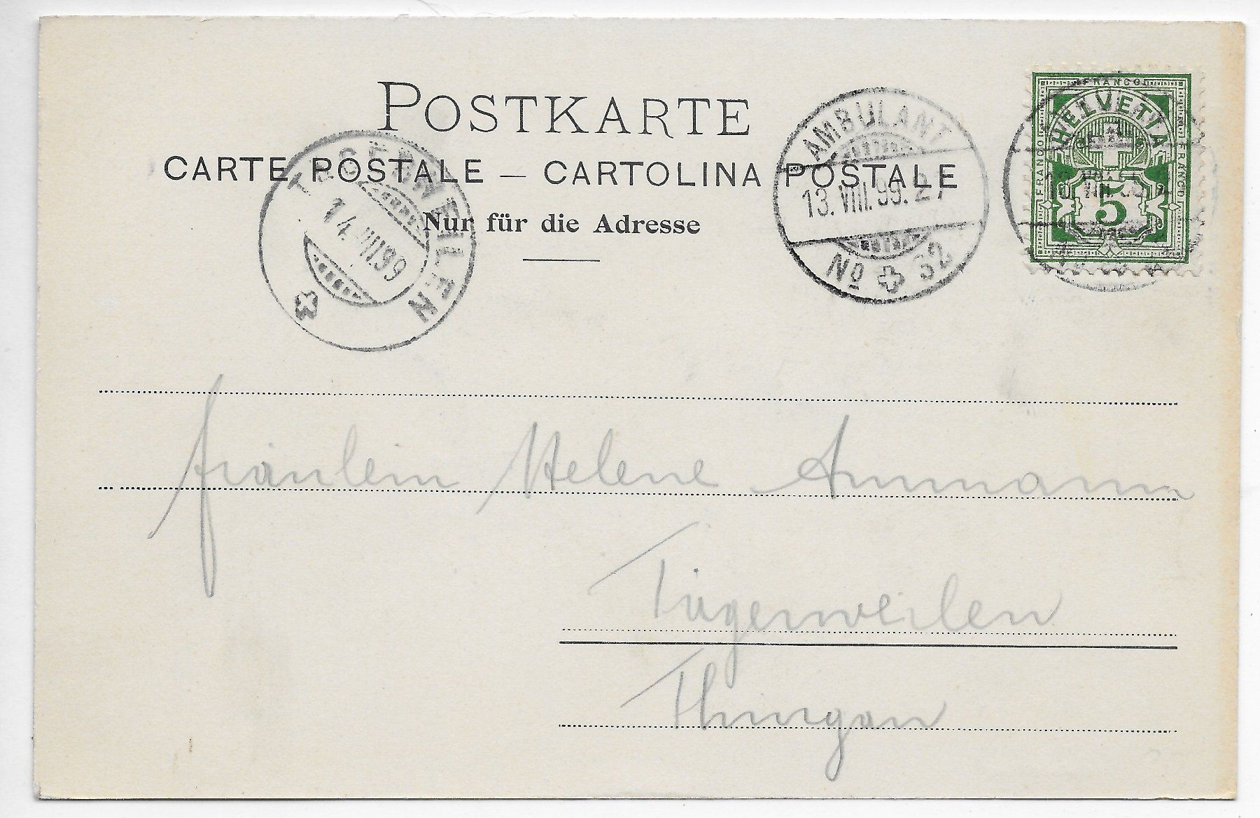 Ansichtskarten: 3 Ansichten Thusis um 1899,  Bahnpoststempel – Gebraucht aus Hefenhofen von Richsalz 1